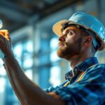 A photograph of a lighting contractor installing or adjusting a daylight detector in a modern building