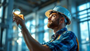 A photograph of a lighting contractor installing or adjusting a daylight detector in a modern building