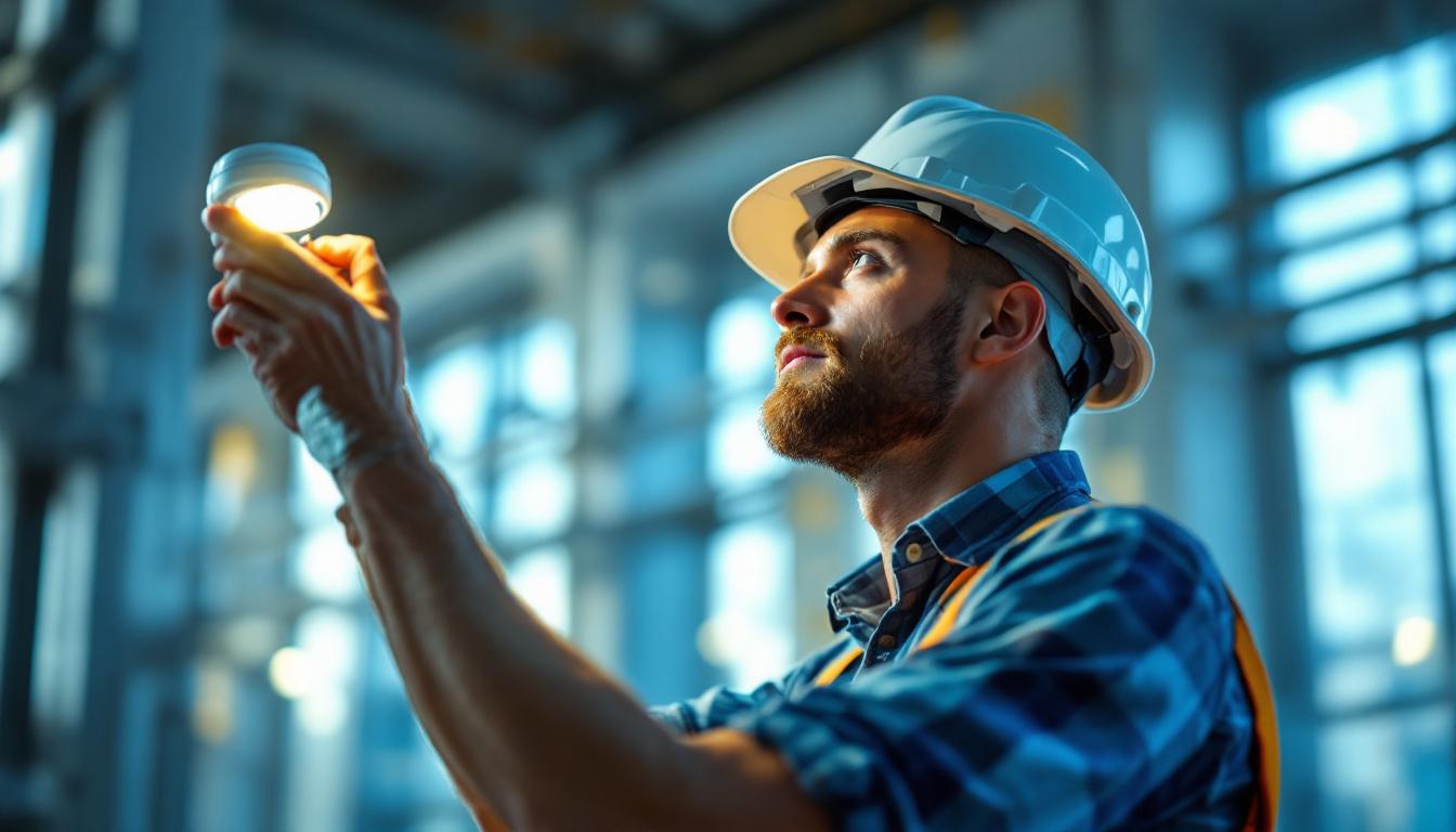 A photograph of a lighting contractor installing or adjusting a daylight detector in a modern building