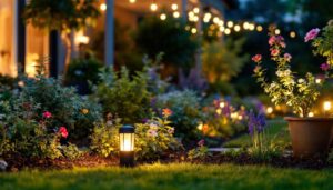 A photograph of a well-lit outdoor garden scene featuring a 12v garden light transformer in use