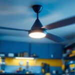A photograph of a stylish garage interior featuring a ceiling fan with integrated lights