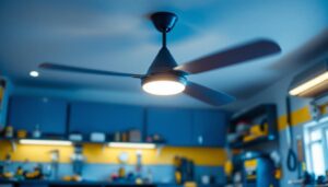 A photograph of a stylish garage interior featuring a ceiling fan with integrated lights