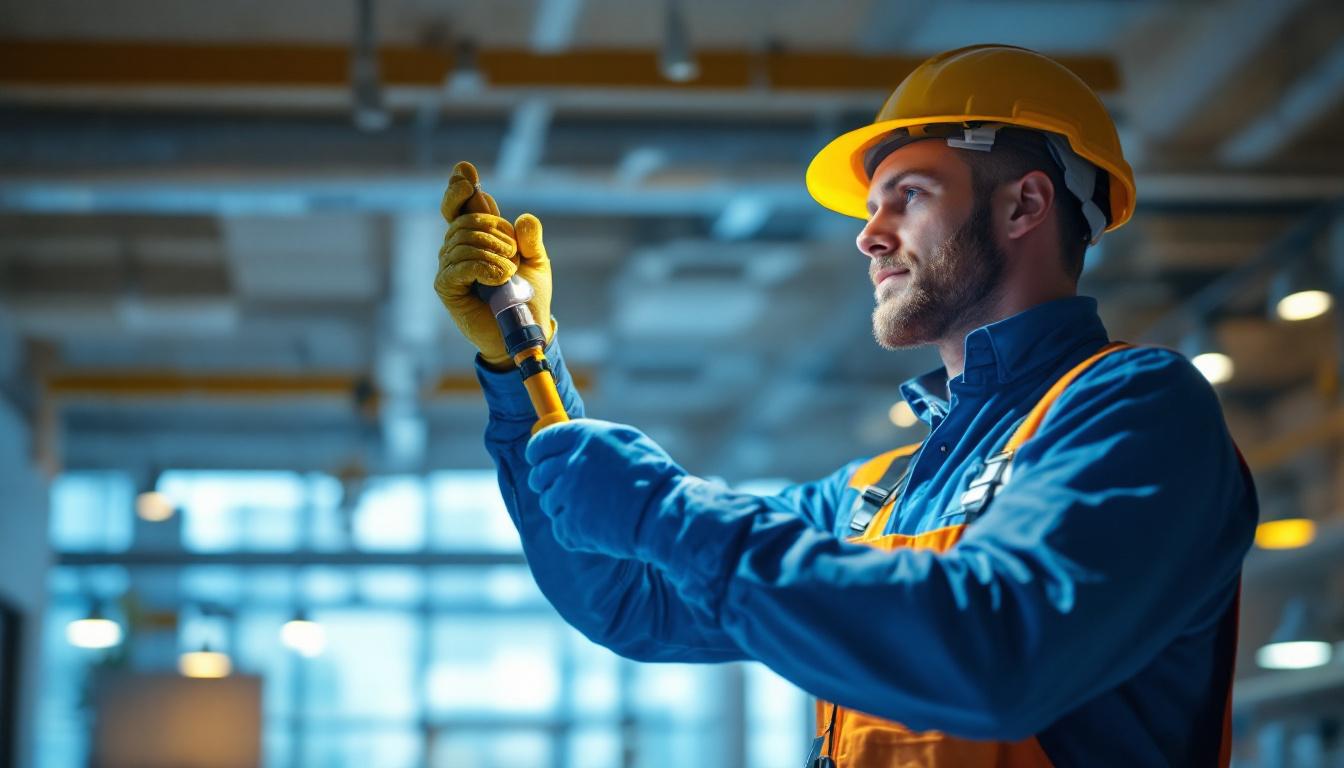 A photograph of a lighting contractor installing a daylight harvesting sensor in a well-lit commercial space