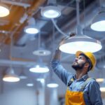 A photograph of a lighting contractor expertly installing various types of luminaire fixtures in a well-lit space