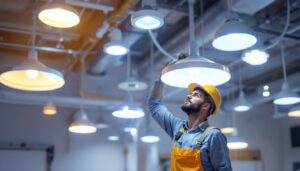 A photograph of a lighting contractor expertly installing various types of luminaire fixtures in a well-lit space