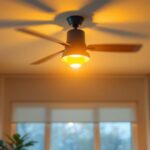 A photograph of a stylish light kit ceiling fan installed in a modern living space