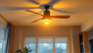 A photograph of a stylish light kit ceiling fan installed in a modern living space