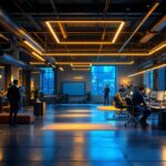 A photograph of a modern workspace or industrial setting illuminated by innovative lighting solutions