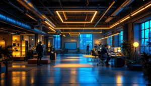 A photograph of a modern workspace or industrial setting illuminated by innovative lighting solutions
