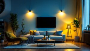 A photograph of a modern living space illuminated by a21 led light bulbs