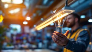 A photograph of a t8 light bulb in a well-lit workspace