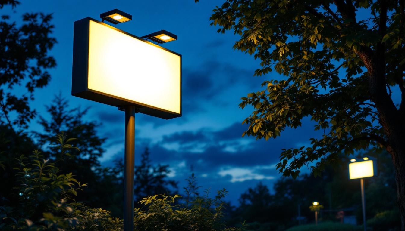 A photograph of a well-lit outdoor sign illuminated by solar lights at dusk