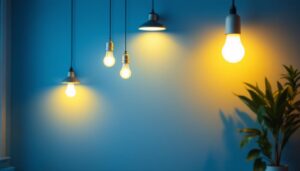 A photograph of a well-lit indoor space showcasing various 8 led bulbs in stylish fixtures