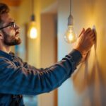 A photograph of a lighting contractor expertly installing a type a lamp light bulb in a stylish