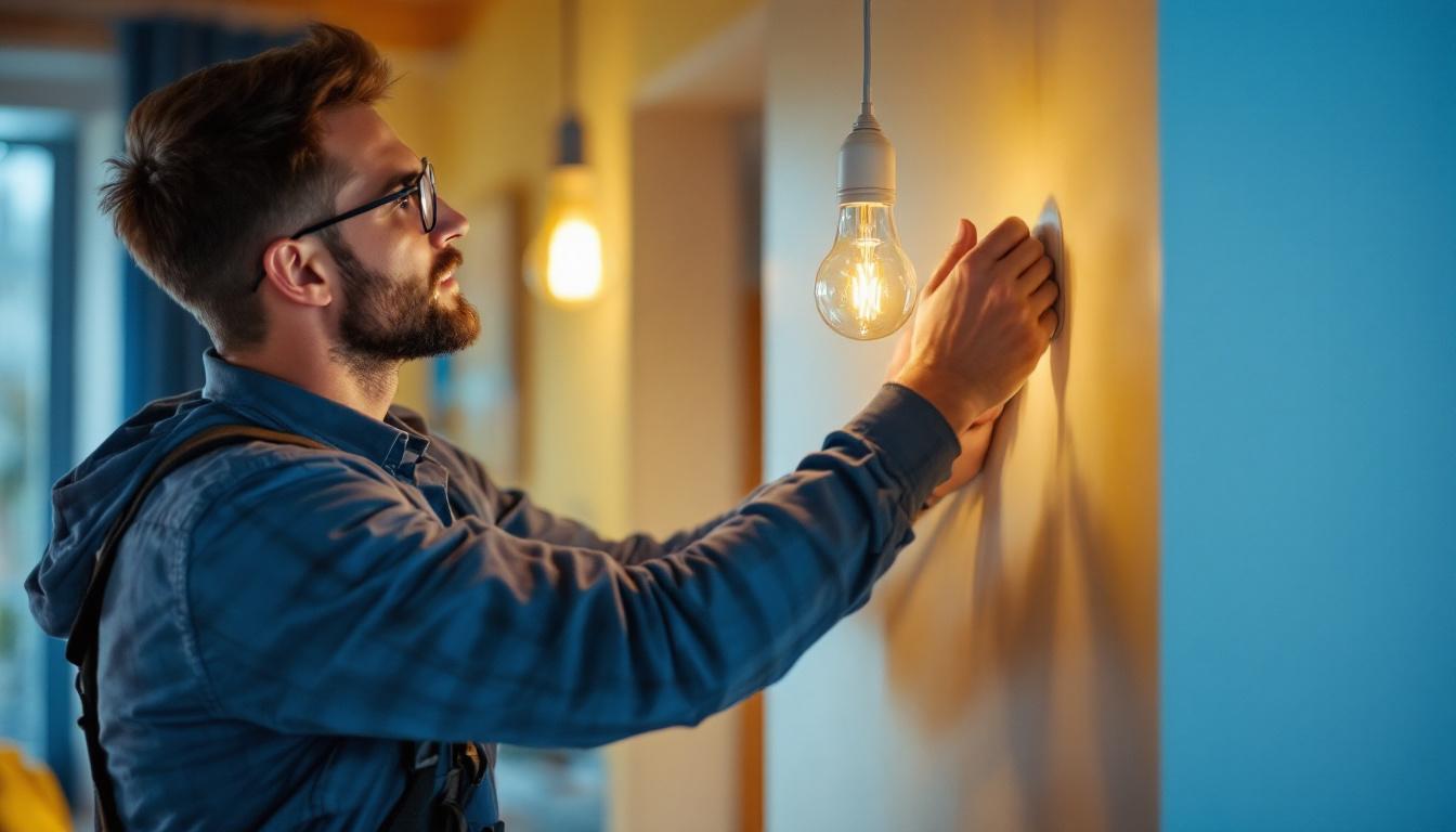 A photograph of a lighting contractor expertly installing a type a lamp light bulb in a stylish