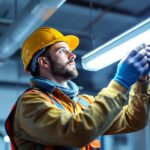 A photograph of a lighting contractor installing a fluorescent light bulb in a commercial setting
