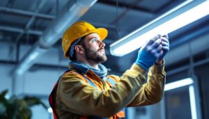 A photograph of a lighting contractor installing a fluorescent light bulb in a commercial setting