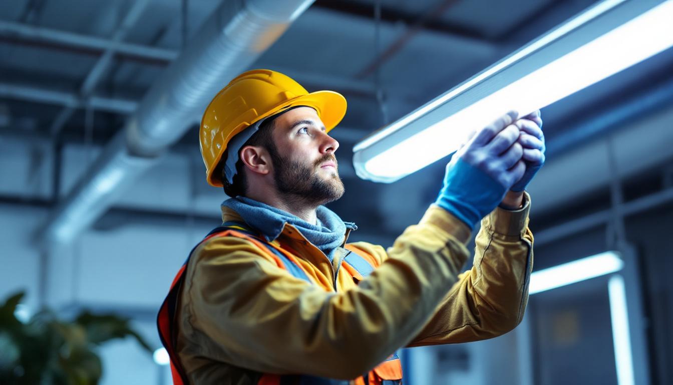 A photograph of a lighting contractor installing a fluorescent light bulb in a commercial setting