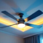 A photograph of a well-lit ceiling fan adorned with a stylish light kit