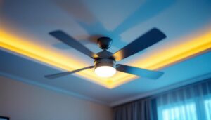 A photograph of a well-lit ceiling fan adorned with a stylish light kit