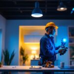 A photograph of a lighting contractor skillfully installing modern led fixtures in a well-lit