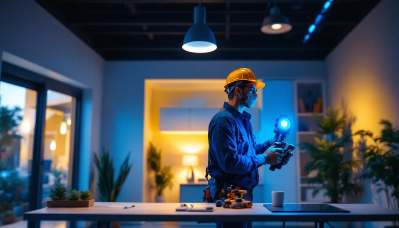 A photograph of a lighting contractor skillfully installing modern led fixtures in a well-lit