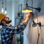 A photograph of a skilled lighting contractor carefully installing a stylish pendant light using a wall bracket in a well-lit