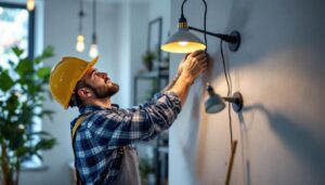 A photograph of a skilled lighting contractor carefully installing a stylish pendant light using a wall bracket in a well-lit