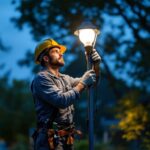 A photograph of a lighting contractor skillfully installing or adjusting a pole light bulb in an outdoor setting