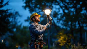 A photograph of a lighting contractor skillfully installing or adjusting a pole light bulb in an outdoor setting