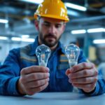 A photograph of a lighting contractor comparing t12 and t8 bulbs in a well-lit workspace