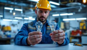 A photograph of a lighting contractor comparing t12 and t8 bulbs in a well-lit workspace