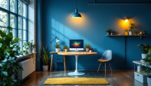 A photograph of a well-designed workspace featuring a combination of natural and artificial lighting sources