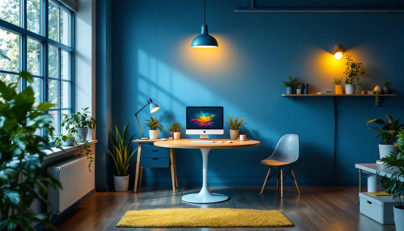 A photograph of a well-designed workspace featuring a combination of natural and artificial lighting sources