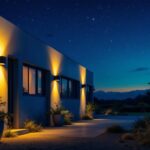 A photograph of a well-lit outdoor area featuring dark sky compliant wall packs