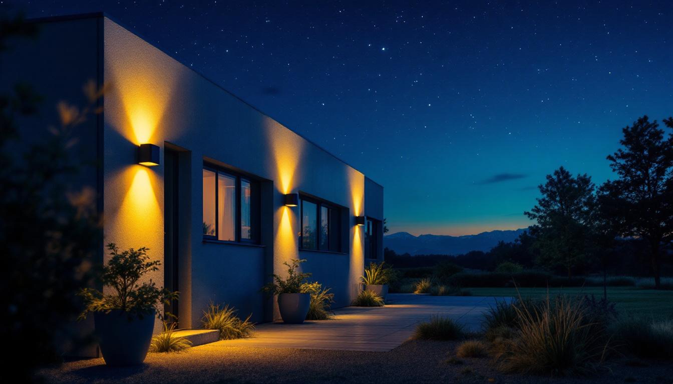 A photograph of a well-lit outdoor area featuring dark sky compliant wall packs
