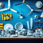 A photograph of a well-organized display of various ceiling fan parts