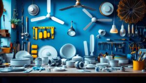 A photograph of a well-organized display of various ceiling fan parts