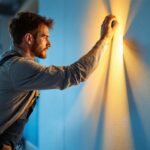A photograph of a lighting contractor installing or adjusting a stylish light wall cover in a modern interior space