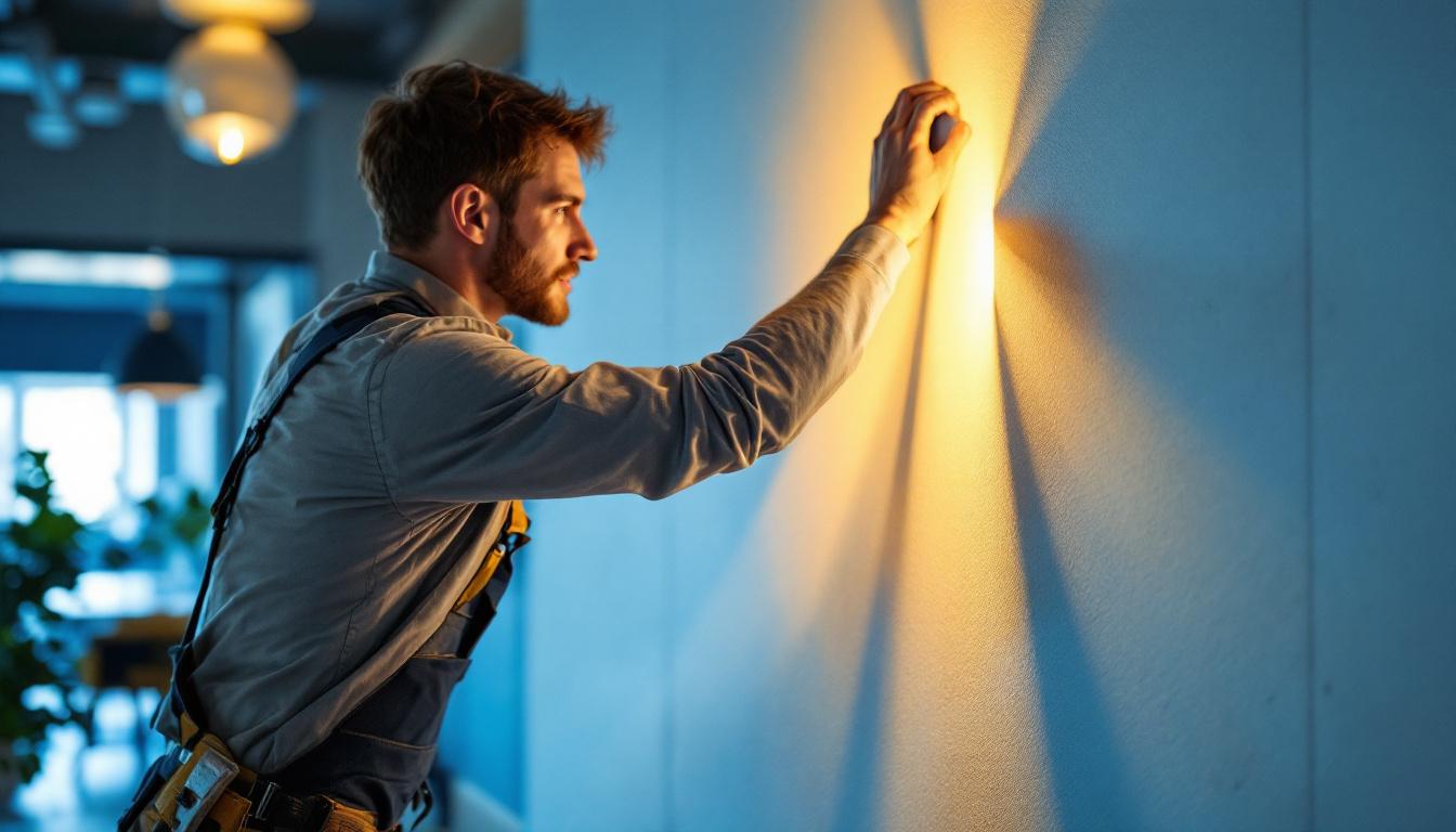 A photograph of a lighting contractor installing or adjusting a stylish light wall cover in a modern interior space