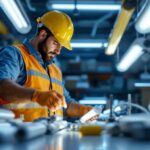 A photograph of a lighting contractor examining various types of fluorescent lights and ballasts in a well-lit workspace