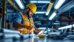 A photograph of a lighting contractor examining various types of fluorescent lights and ballasts in a well-lit workspace