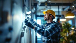A photograph of a lighting contractor in action