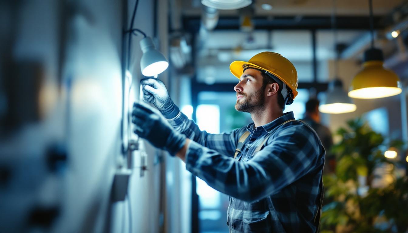 A photograph of a lighting contractor in action