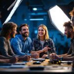 A photograph of a diverse team of professionals engaged in a hands-on lighting training session