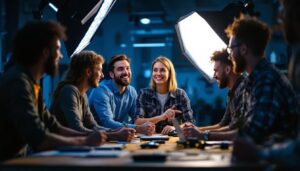 A photograph of a diverse team of professionals engaged in a hands-on lighting training session