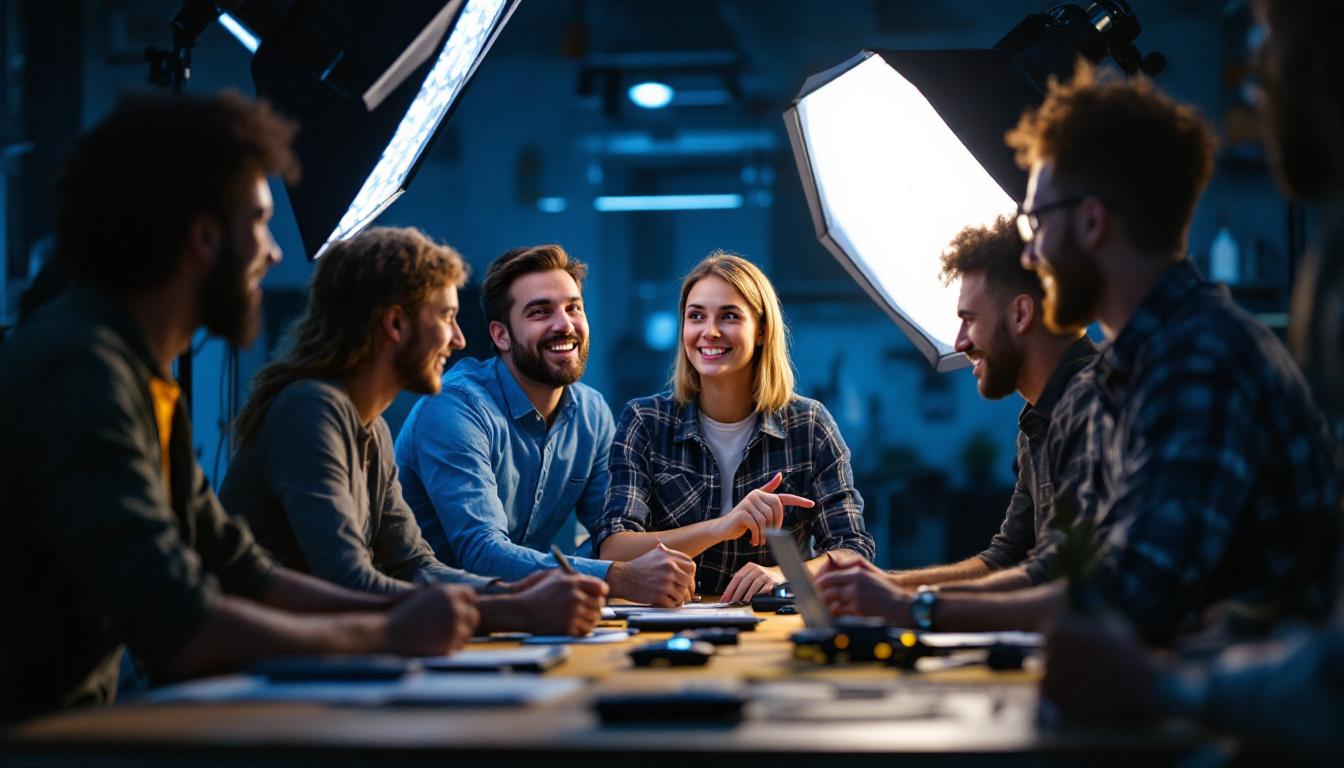 A photograph of a diverse team of professionals engaged in a hands-on lighting training session