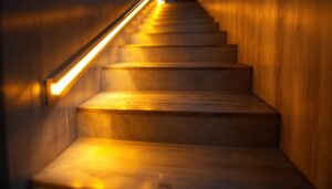 A photograph of a beautifully illuminated staircase featuring sleek led lights