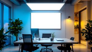 A photograph of capture a photograph of the lithonia 2x4 led flat panel light installed in a modern office or commercial space