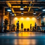 A photograph of a well-lit gym environment showcasing various types of lighting fixtures in use